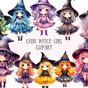 Aquarelle Chibi sorcière fille Clipart Kawaii Anime Halloween PNG Image numérique à télécharger pour la fabrication de cartes Scrapbook Junk Journal travaux manuels en papier