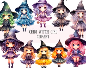 Aquarell Chibi Hexe Mädchen Clipart Kawaii Anime Halloween PNG digitale Bild-Downloads für die Kartenherstellung Scrapbook Junk Journal Papierhandwerk