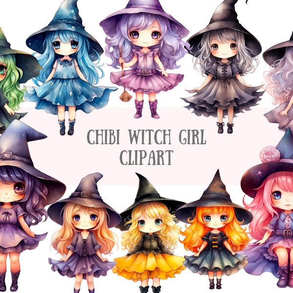 Watercolour Chibi Witch Girl Clipart Kawaii Anime Halloween PNG Digital Image Downloads for Card Making Scrapbook Junk Journal Paper Crafts