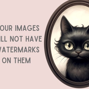 May include: A black cat with large green eyes sits in an oval portrait frame. The cat is looking directly at the viewer with a slightly curious expression. The background is a light pink color.