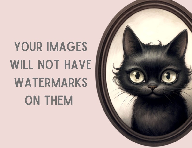 May include: A black cat with large green eyes sits in an oval portrait frame. The cat is looking directly at the viewer with a slightly curious expression. The background is a light pink color.