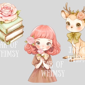 Puede incluir: Una ilustraci&oacute;n digital de una ni&ntilde;a con cabello rosado sosteniendo una rosa rosa, una pila de libros con una rosa rosa en la parte superior y un cervatillo con una rosa rosa en sus cuernos. El texto "JAR OF WHIMSY" aparece tres veces en la imagen.
