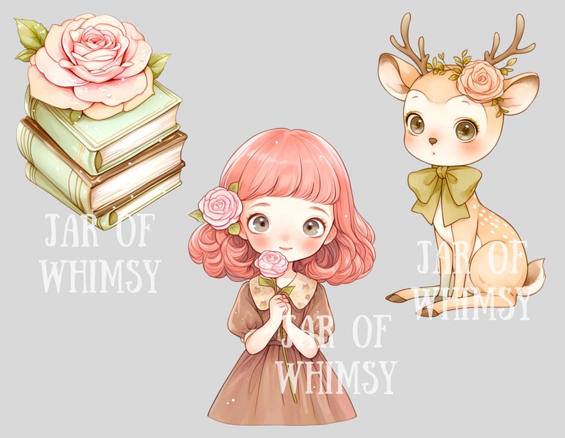 Puede incluir: Una ilustraci&oacute;n digital de una ni&ntilde;a con cabello rosado sosteniendo una rosa rosa, una pila de libros con una rosa rosa en la parte superior y un cervatillo con una rosa rosa en sus cuernos. El texto "JAR OF WHIMSY" aparece tres veces en la imagen.