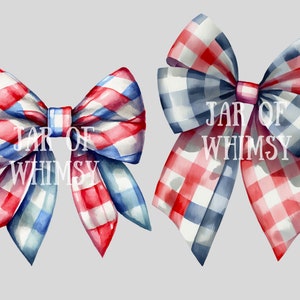 May include: Two watercolor painted gingham bows in red, white, and blue. The bows are tied together with a white ribbon. The text "JAR OF WHIMSY" is written in white on the bows.