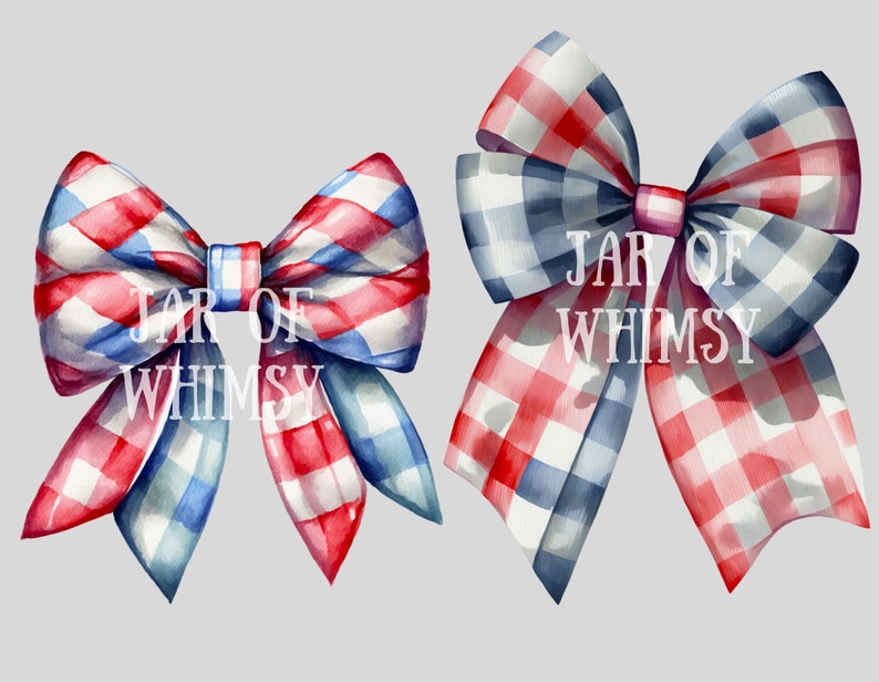 May include: Two watercolor painted gingham bows in red, white, and blue. The bows are tied together with a white ribbon. The text "JAR OF WHIMSY" is written in white on the bows.