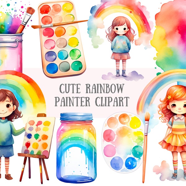 Watercolour Cute Rainbow Painter Clipart Kawaii Artist PNG Digital Image Download for Card Making Scrapbook Junk Journal Paper Craft