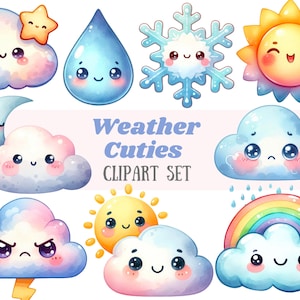 Aquarell niedlich Wetter Clipart Kawaii Regenbogen Wolke PNG digitale Bild-Downloads für die Kartenherstellung Scrapbook Junk Journal Papierhandwerk