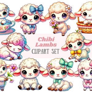 Aquarell Chibi Lamm Clipart niedlichen Ostern Lamm Kawaii Schaf PNG digitale Bild-Downloads für die Kartenherstellung Scrapbook Junk Journal Papierhandwerk