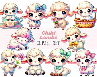 Watercolour Chibi Lamb Clipart Cute Easter Lamb Kawaii Sheep PNG Digital Image Downloads for Card Making Scrapbook Junk Journal Paper Crafts