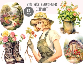Watercolour Vintage Gardener Clipart Vintage Gardens PNG Digital Image Downloads for Card Making Scrapbook Junk Journal Paper Crafts