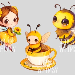 May include: Three cute cartoon bees, one with wings, one in a teacup, and one holding a sunflower. The bees are yellow and black with big eyes. The text "Jar of Whimsy" appears twice in the image.