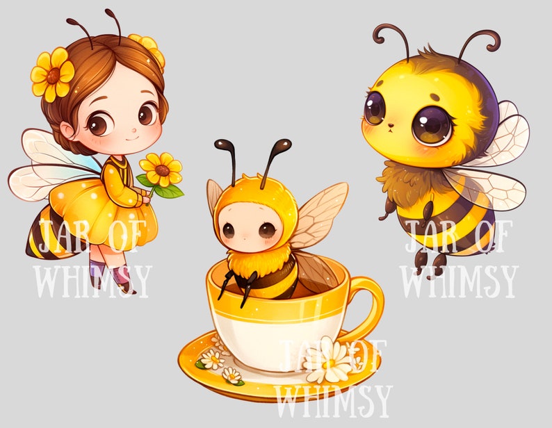 May include: Three cute cartoon bees, one with wings, one in a teacup, and one holding a sunflower. The bees are yellow and black with big eyes. The text "Jar of Whimsy" appears twice in the image.