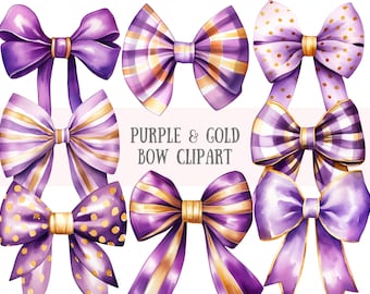 Watercolour Purple and Gold Bow Clipart Purple Wedding Bow PNG Digital Image Downloads for Card Making Scrapbook Junk Journal Paper Crafts