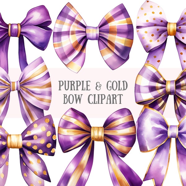 Watercolour Purple and Gold Bow Clipart Purple Wedding Bow PNG Digital Image Downloads for Card Making Scrapbook Junk Journal Paper Crafts