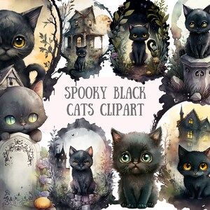 Watercolour Spooky Black Cat Clipart Halloween Cats PNG Digital Image Downloads for Card Making Scrapbook Junk Journal Paper Crafts