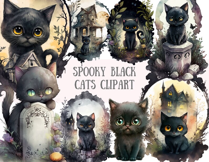 Watercolour Spooky Black Cat Clipart Halloween Cats PNG Digital Image ...