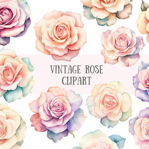 Aquarela Vintage Rose Clipart Pastel Flower Graphics Downloads de imagens digitais PNG para fazer cartões Scrapbook Junk Journal Paper Crafts