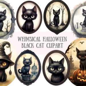 May include: Set of eight whimsical Halloween black cat illustrations. Each cat is depicted in a different pose and setting, including a witch's hat, a pumpkin, and a graveyard. The illustrations are in a vintage style with a watercolor effect.