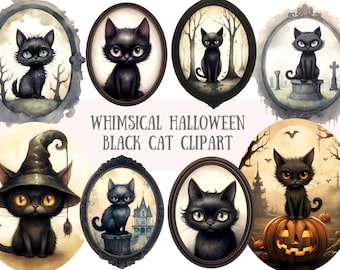 May include: Set of eight whimsical Halloween black cat illustrations. Each cat is depicted in a different pose and setting, including a witch's hat, a pumpkin, and a graveyard. The illustrations are in a vintage style with a watercolor effect.