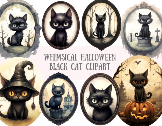 Watercolour Whimsical Black Cat Clipart Halloween Cats PNG Digital Image Downloads for Card Making Scrapbook Junk Journal Paper Crafts