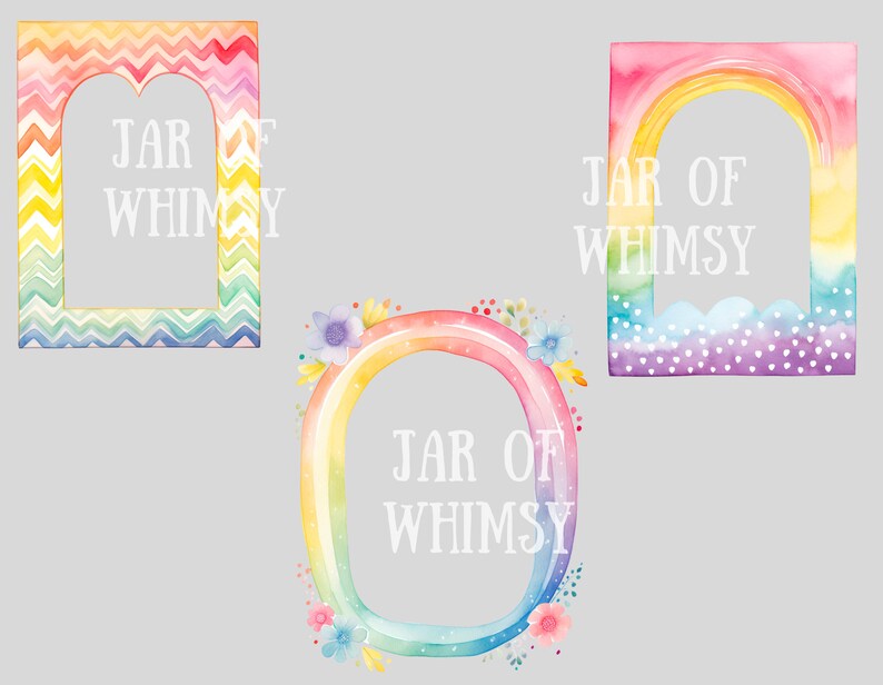 May include: Three watercolour rainbow frames with the text "Jar of Whimsy" in each. The frames are decorated with flowers and glitter.