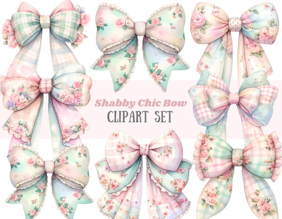 Watercolour Shabby Chic Bow Clipart Patchwork Bow PNG Digital Image Downloads for Card Making Scrapbook Junk Journal Paper Crafts