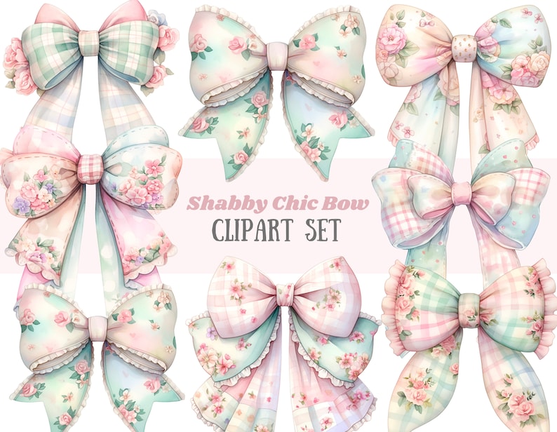 Puede incluir: Conjunto de seis ilustraciones de acuarela de lazos shabby chic en rosa, verde y azul con motivos florales. El texto "Shabby Chic Bow CLIPART SET" est&aacute; en el centro de la imagen.