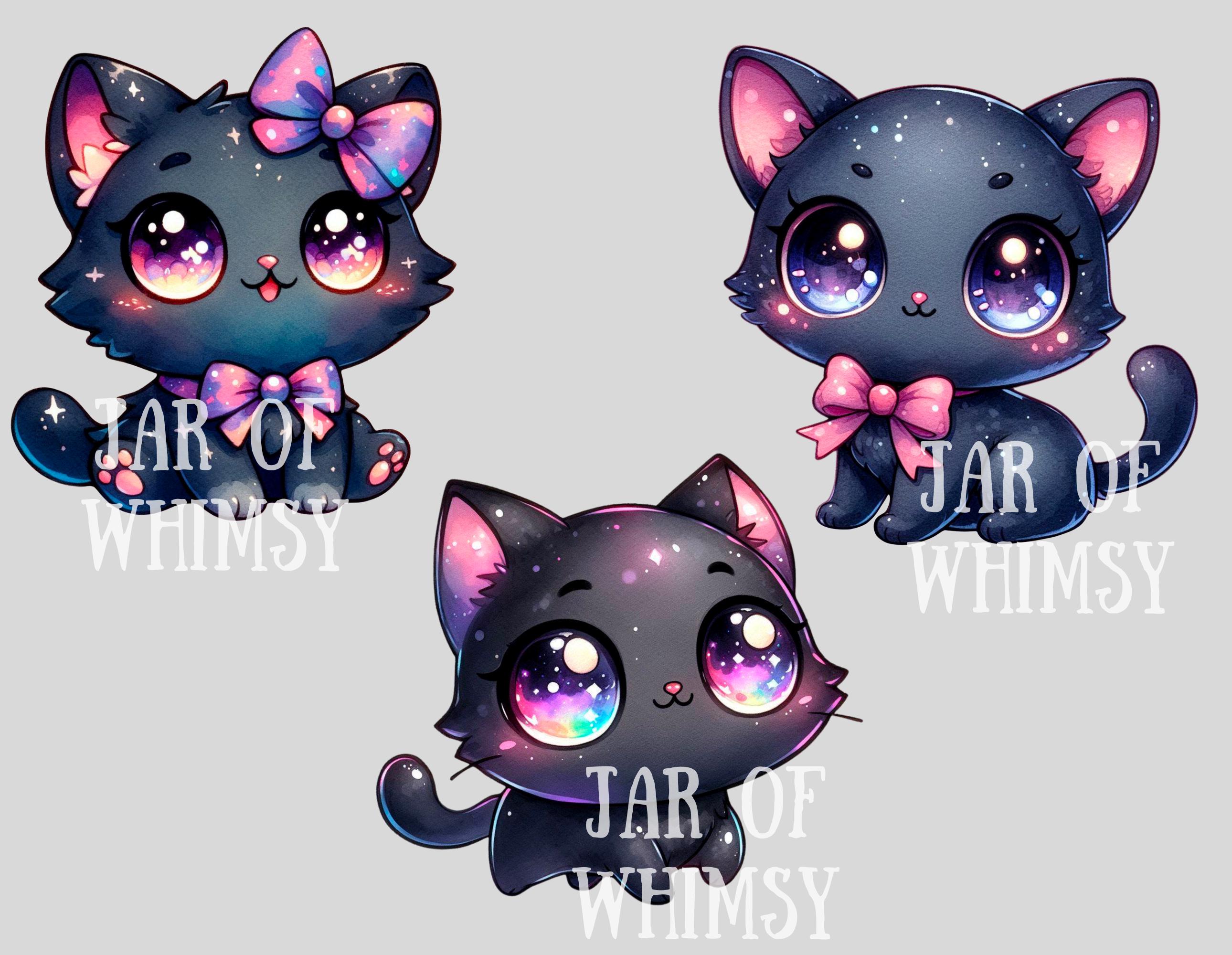 Watercolour Kawaii Black Cat Clipart Chibi Halloween Cat PNG Digital ...