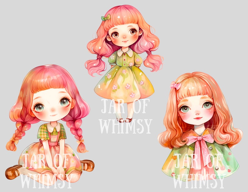 Akvarell Kawaii Spring Girl Clipart Söt Chibi Anime Girl PNG Digitala Bildnedladdningar för Korttillverkning Scrapbook Junk Journal Papperspyssel bild 9