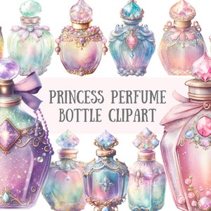 Bottiglia di profumo Principessa acquerello Clipart Pastel Fantasy PNG Download di immagini digitali per la realizzazione di cartoline Scrapbook Junk Journal Crafts