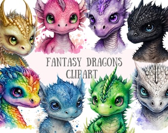 Acuarela colorida fantasía dragón clipart - arco iris PNG descargas de imágenes digitales para la fabricación de tarjetas, álbum de recortes, diario basura, artesanías de papel