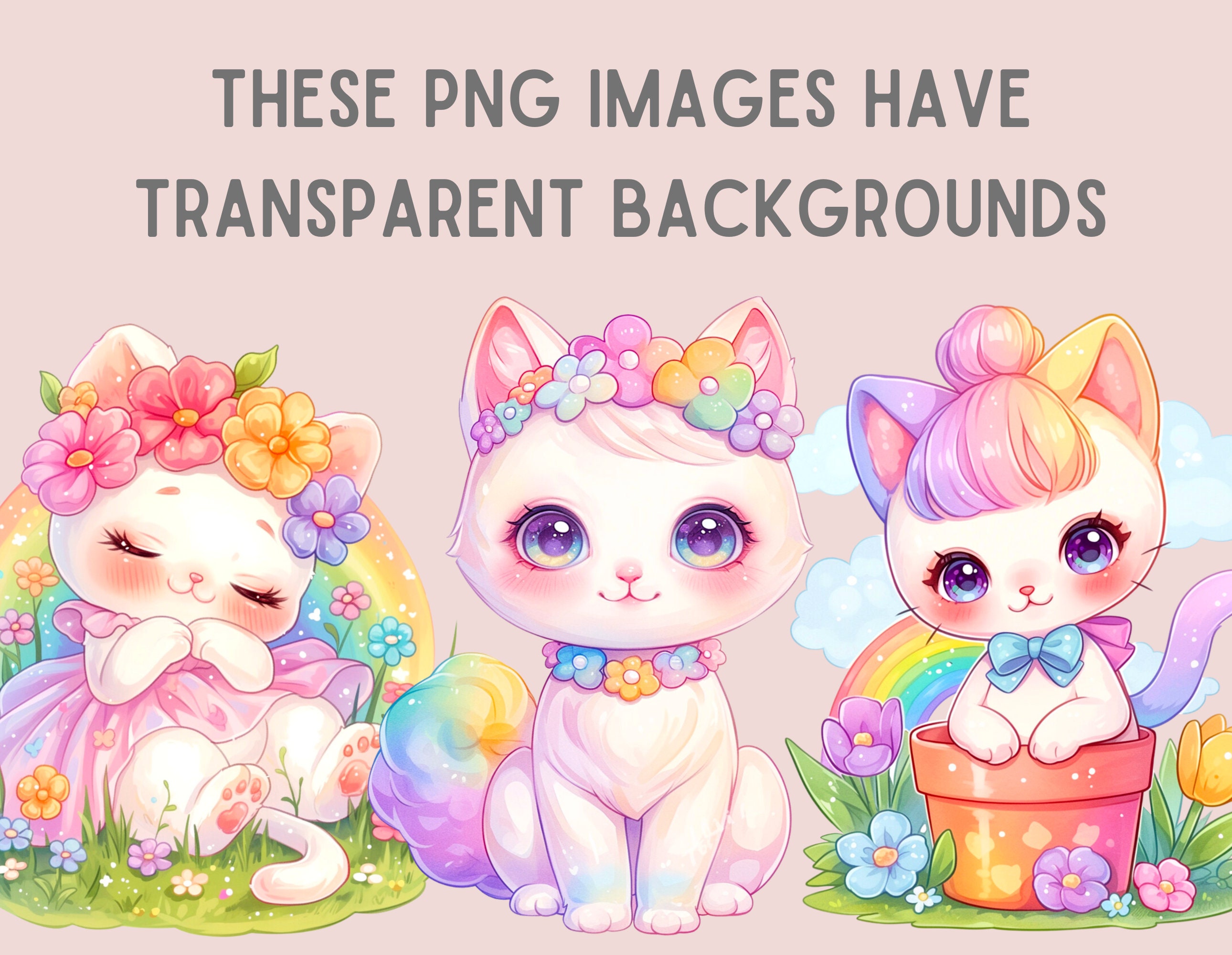 Watercolour Kawaii Spring Cat Clipart Cute Chibi Cat PNG Digital Image ...