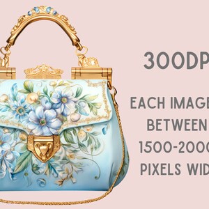 May include: A light blue handbag with gold hardware and a floral design. The bag has a top handle and a chain strap. The floral design features blue, white, and green flowers.