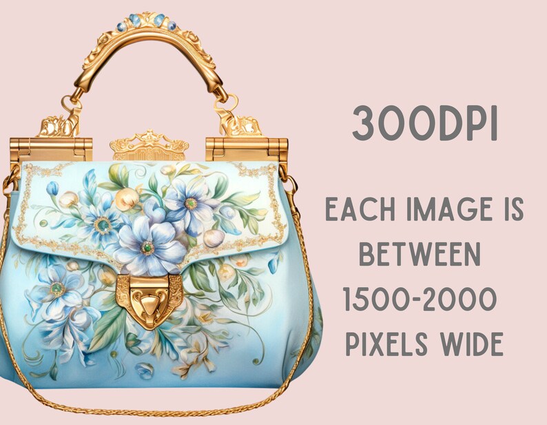 May include: A light blue handbag with gold hardware and a floral design. The bag has a top handle and a chain strap. The floral design features blue, white, and green flowers.