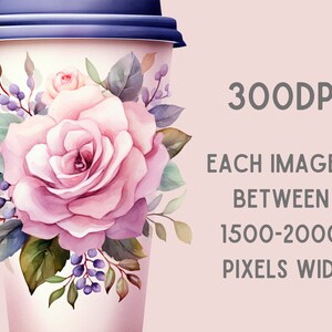 May include: A pink and white watercolor rose with green leaves and purple berries on a white paper coffee cup.