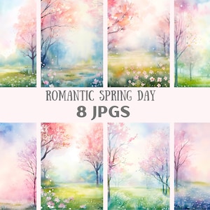 Aquarel romantische lentedag clipart pastel landschap JPG digitale afbeelding downloads voor kaarten maken plakboek ongewenste dagboek papier ambachten