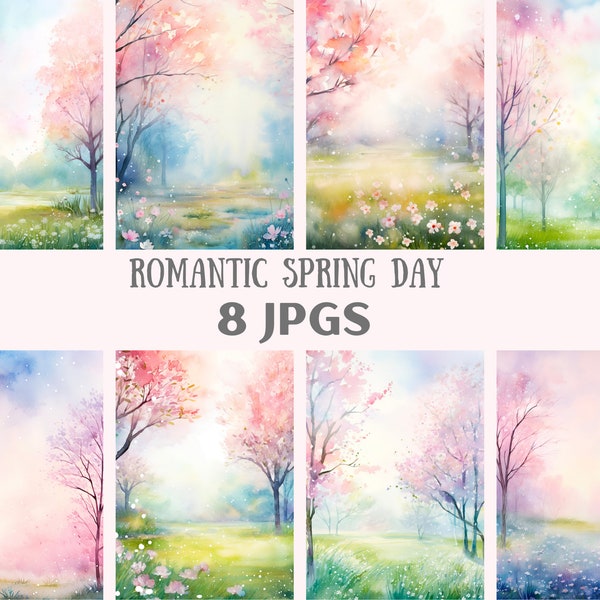 Watercolour Romantic Spring Day Clipart Pastel Landscape JPG Digital Image Downloads for Card Making Scrapbook Junk Journal Paper Crafts