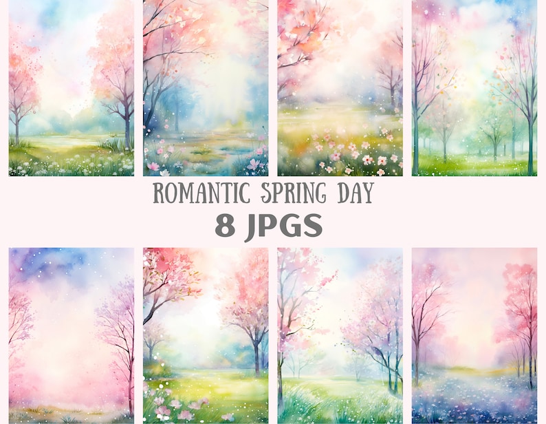 Watercolour Romantic Spring Day Clipart Pastel Landscape JPG Digital ...
