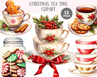 May include: A set of 12 Christmas tea time clipart images featuring a gingerbread man, teacups, cookies, and a jar of candy. The teacups are decorated with red berries and holly leaves. The cookies are decorated with red and green icing. The jar of candy is filled with red and white candy canes and green and white cookies.