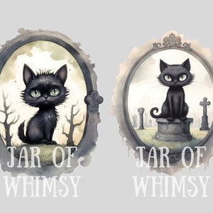 May include: Two black cats in oval frames with watercolor backgrounds. The cat on the left is a kitten with big green eyes. The cat on the right is sitting on a stone pedestal in a graveyard. Both frames have the text "JAR OF WHIMSY" underneath.