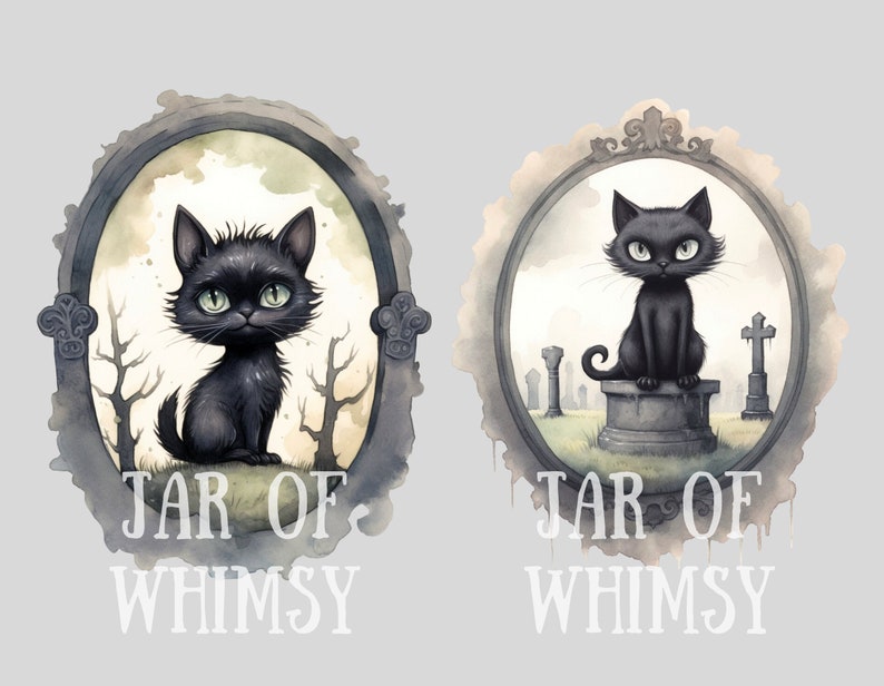 May include: Two black cats in oval frames with watercolor backgrounds. The cat on the left is a kitten with big green eyes. The cat on the right is sitting on a stone pedestal in a graveyard. Both frames have the text "JAR OF WHIMSY" underneath.