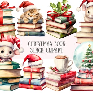 Acuarela Navidad libro pila clipart vacaciones libro amante PNG descargas de imágenes digitales para la fabricación de tarjetas álbum de recortes diario basura artesanías de papel