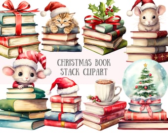 Watercolour Christmas Book Stack Clipart Holiday Book Lover PNG Digital Image Downloads for Card Making Scrapbook Junk Journal Paper Crafts