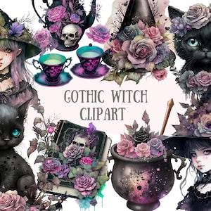 Watercolour Gothic Witch Clipart - Dark Fairytale Fantasy PNG Digital Image Downloads for Card Making, Scrapbook, Junk Journal, Crafts