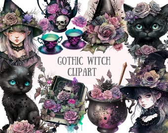 Watercolour Gothic Witch Clipart - Dark Fairytale Fantasy PNG Digital Image Downloads for Card Making, Scrapbook, Junk Journal, Crafts