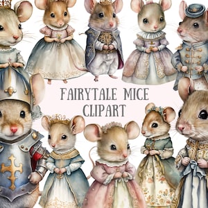 Watercolour Fairytale Mice Clipart Princess Mouse PNG Digital Image Downloads for Card Making Scrapbook Junk Journal Paper Crafts