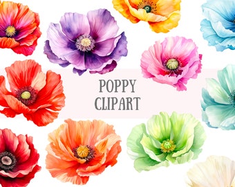 Watercolour Poppies Clipart Spring Flower Elements PNG Digital Image Downloads for Card Making Scrapbook Junk Journal Paper Crafts