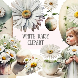 Acquerello bianco Daisy Clipart Vintage Daisy Flower PNG Download di immagini digitali per la creazione di cartoline Scrapbook Junk Journal Paper Crafts