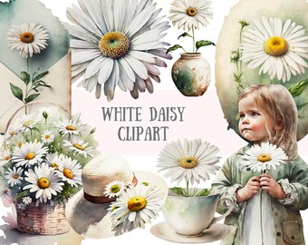 Watercolour White Daisy Clipart Vintage Daisy Flower PNG Digital Image Downloads for Card Making Scrapbook Junk Journal Paper Crafts