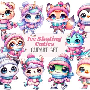 Watercolour Ice Skating Animal Clipart Kawaii Animals PNG Digital Image Download for Card Making Scrapbook Junk Journal Paper Craft